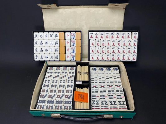 Japanese Mahjong tile antique Set: yellow back Resin Tiles in Rare Teal Green Woven Case