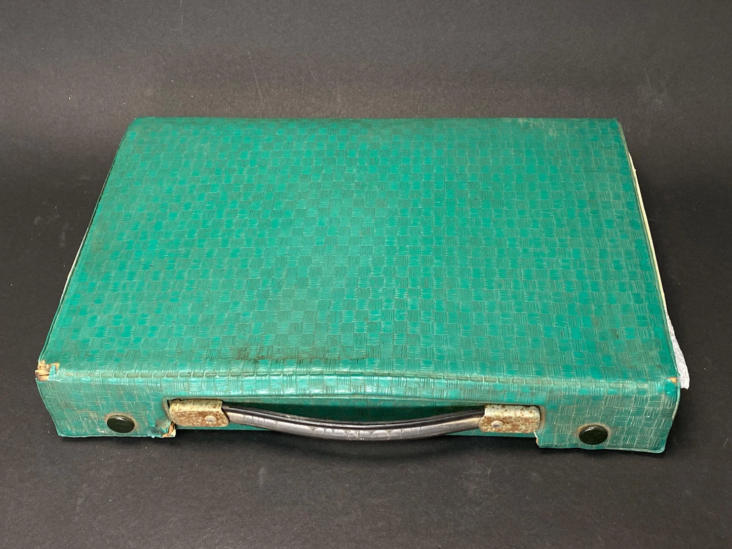 Japanese Mahjong tile antique Set: yellow back Resin Tiles in Rare Teal Green Woven Case