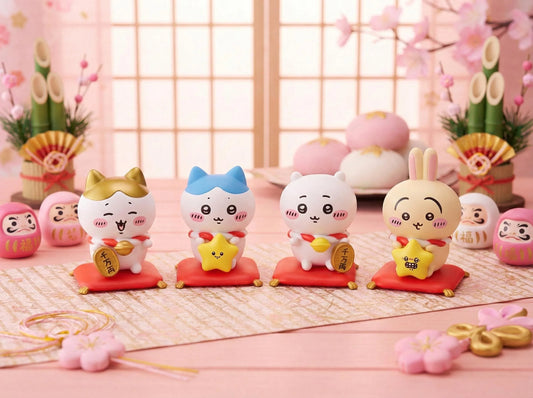 Chiikawa New Year Blind Box Figure on Red Cushion, Good Luck Mascot, Lunar New Year Decor. Hachiware Usagi Secret Toy