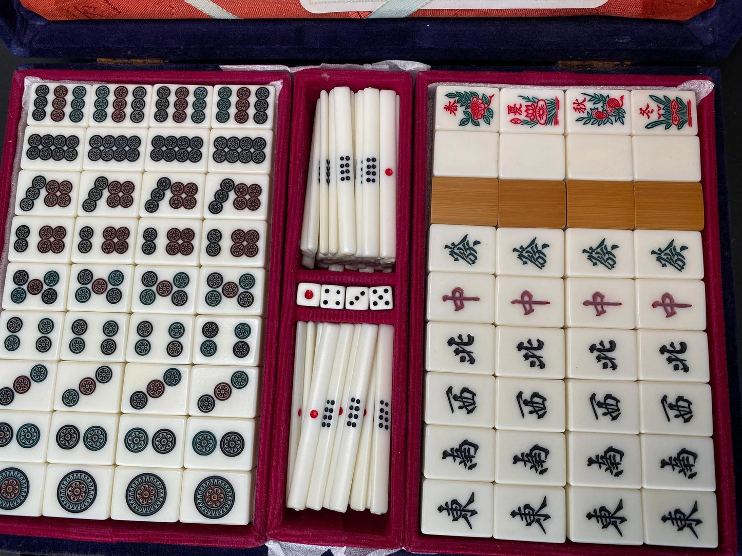 Antique Japanese Bamboo Mahjong, Mah Jong Tile Set, Blue Velvet portable Case Tile, Japan vintage dealing game Vintage