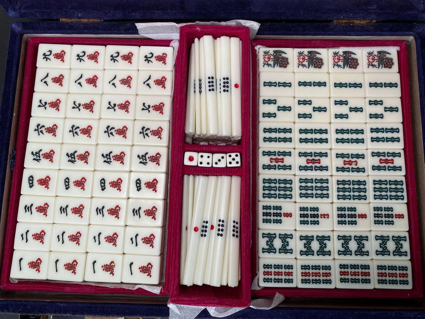 Antique Japanese Bamboo Mahjong, Mah Jong Tile Set, Blue Velvet portable Case Tile, Japan vintage dealing game Vintage