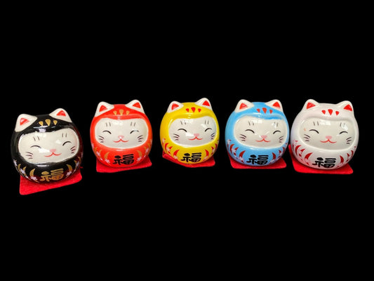 Daruma feng Shui Decor set of 5 Japanese Cat Daruma Doll, 5 Mini Lucky Talismans for Motivation, Success, Good Fortune, Gifts, Car decor