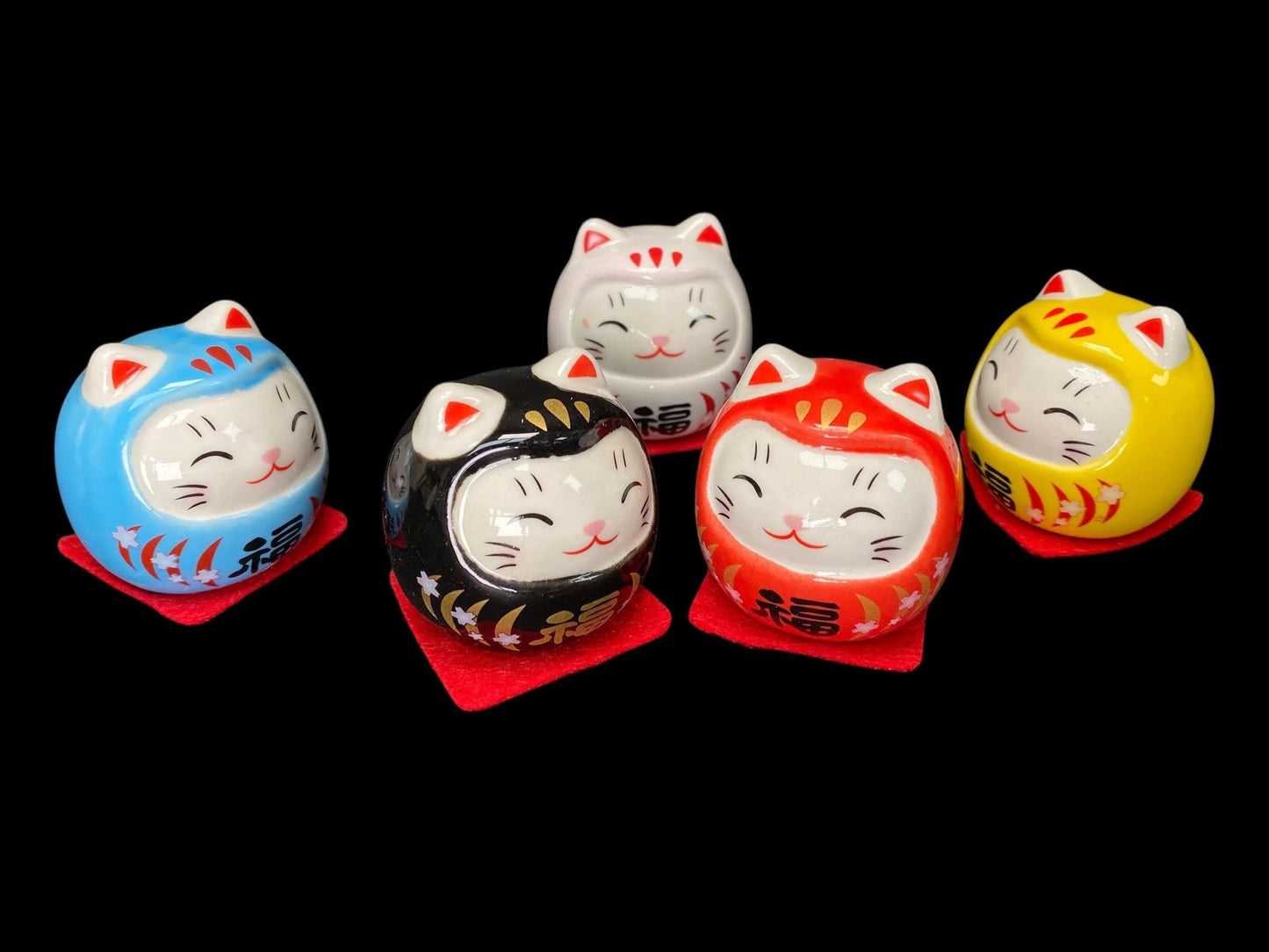 Daruma feng Shui Decor set of 5 Japanese Cat Daruma Doll, 5 Mini Lucky Talismans for Motivation, Success, Good Fortune, Gifts, Car decor