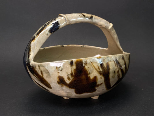Japanese Handled Bowl "Te bachi", Stoneware Ceramic Basket for Fruit, vintage Ikebana Kaiseki Serving, Earthy Drip Glaze 7.5"