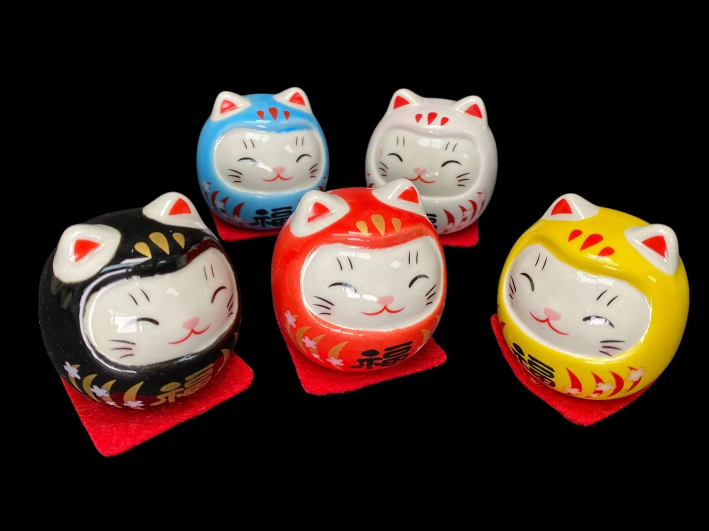 Daruma feng Shui Decor set of 5 Japanese Cat Daruma Doll, 5 Mini Lucky Talismans for Motivation, Success, Good Fortune, Gifts, Car decor