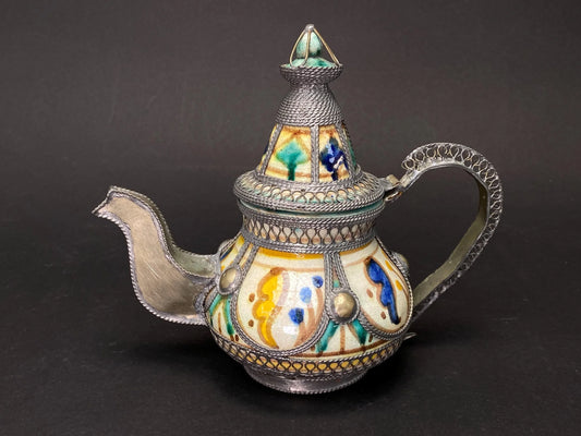 Moroccan Filigree Decorative Moorish Tea Pot Ceramic & Silver Tone Kettle,  Moorish Kettle, Bohemian Home Decor,  Boho Centerpiece