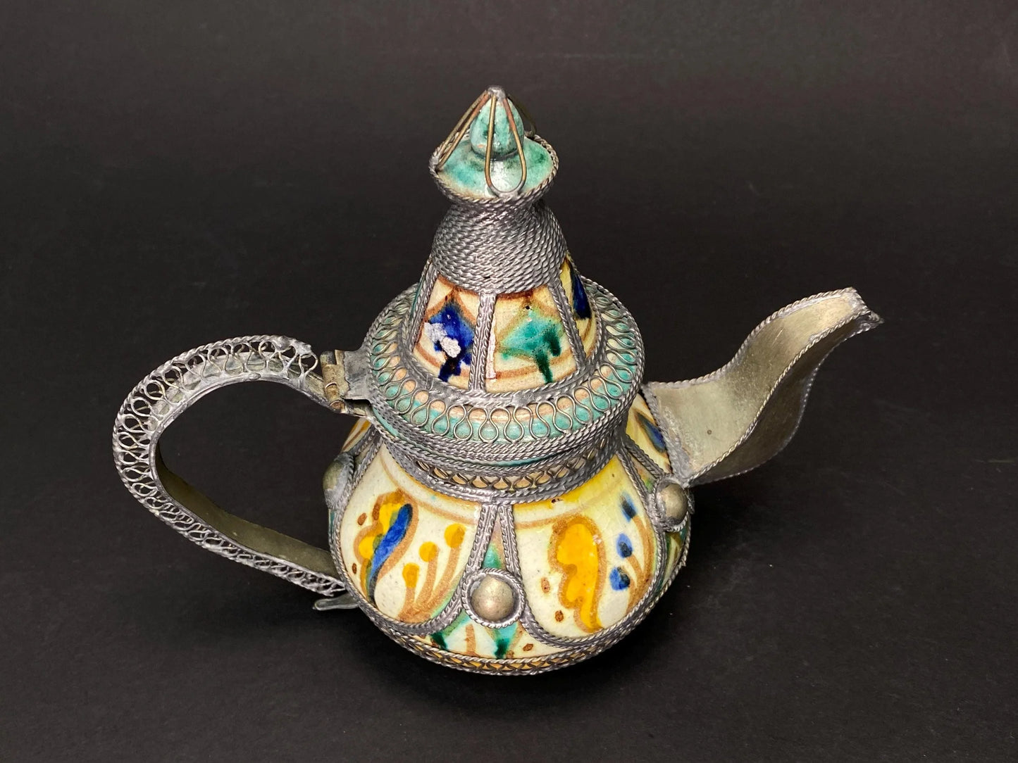 Moroccan Filigree Decorative Moorish Tea Pot Ceramic & Silver Tone Kettle,  Moorish Kettle, Bohemian Home Decor,  Boho Centerpiece