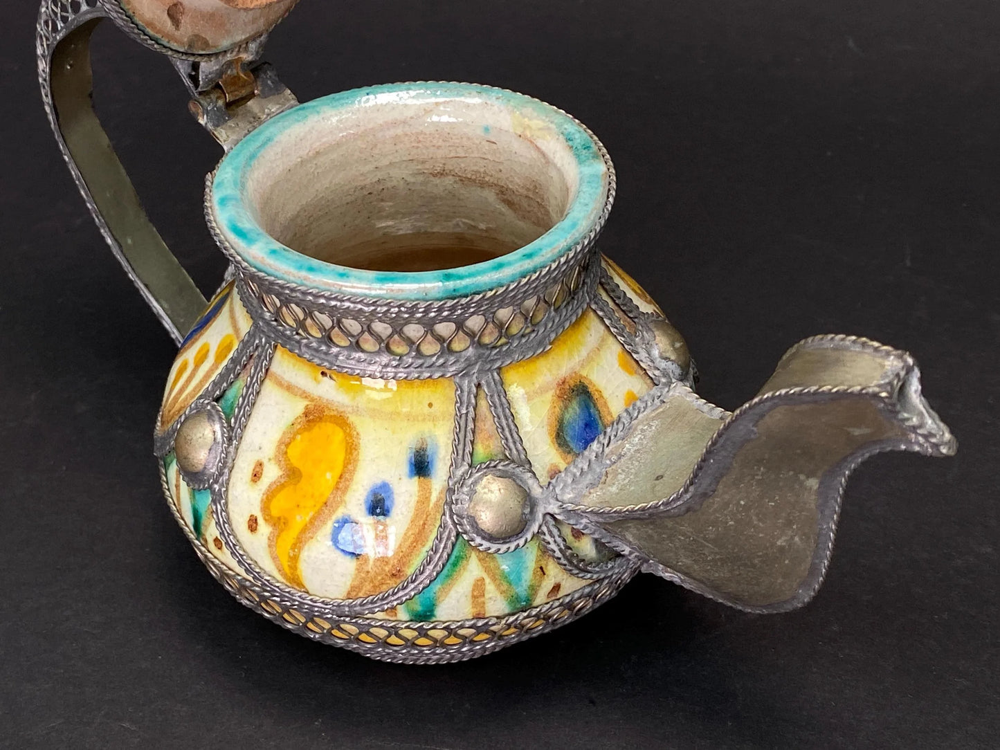 Moroccan Filigree Decorative Moorish Tea Pot Ceramic & Silver Tone Kettle,  Moorish Kettle, Bohemian Home Decor,  Boho Centerpiece
