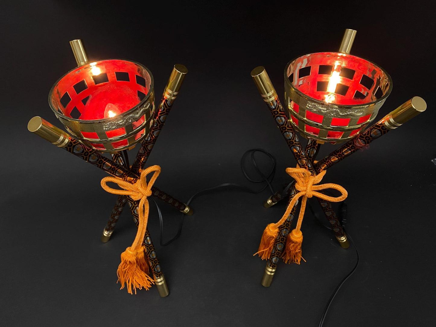 Japanese Kagaribi Toro Bonfire Lantern Pair, Hina Doll Electric Lamps Set Lighting Pair, Original box, Festival Display