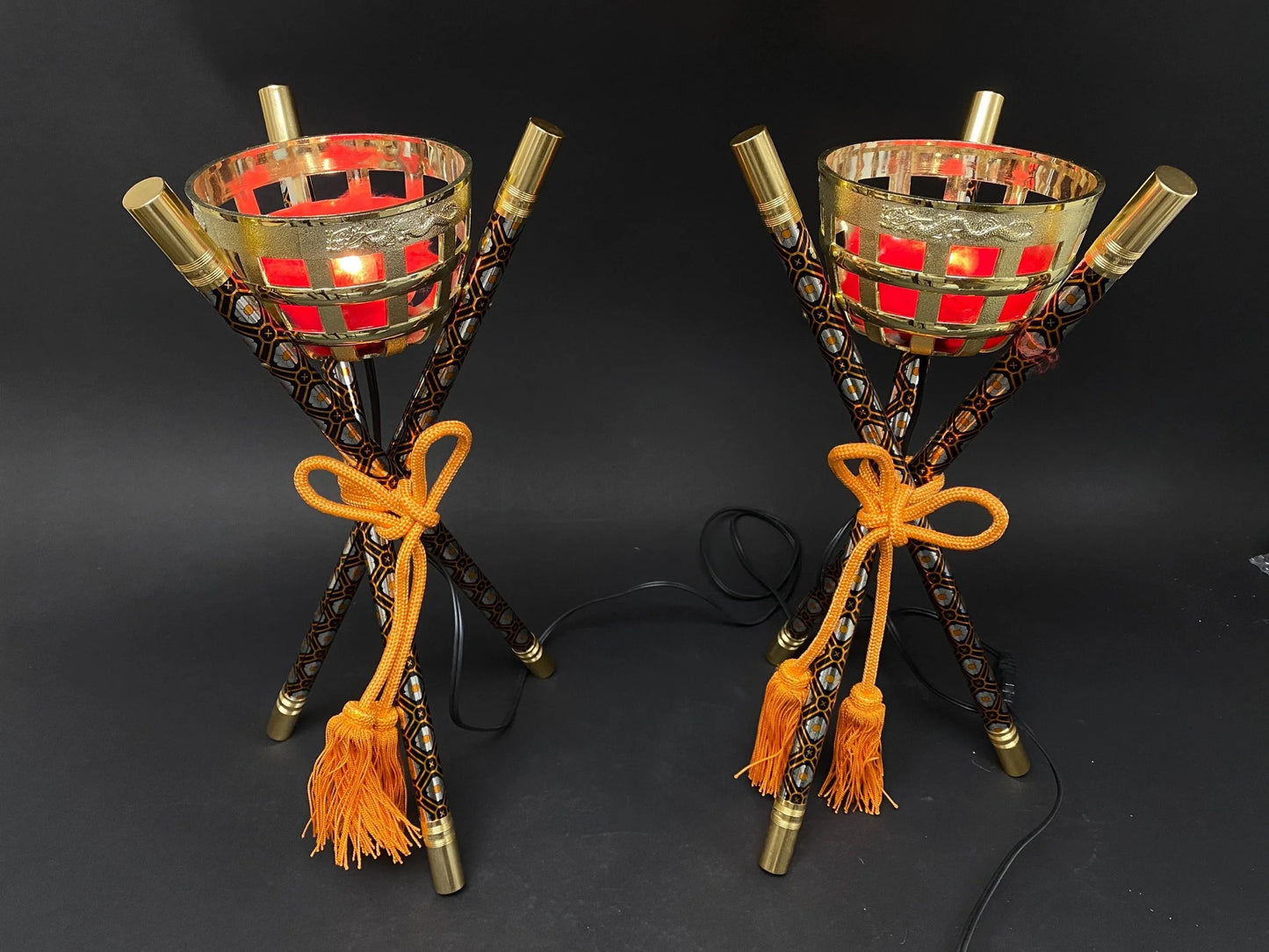Japanese Kagaribi Toro Bonfire Lantern Pair, Hina Doll Electric Lamps Set Lighting Pair, Original box, Festival Display