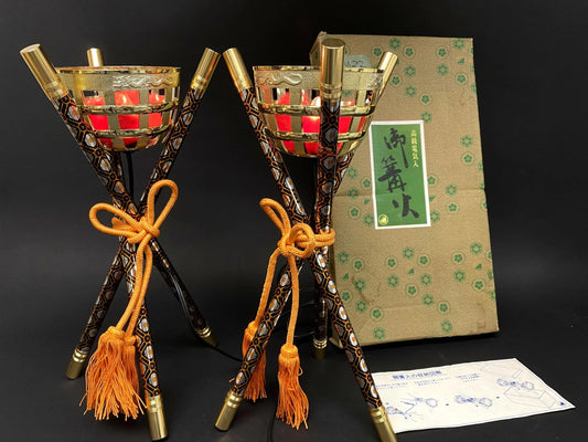 Japanese Kagaribi Toro Bonfire Lantern Pair, Hina Doll Electric Lamps Set Lighting Pair, Original box, Festival Display