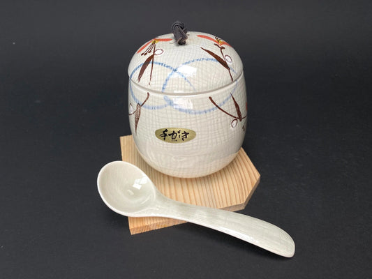 Japanese Savory Egg Custard lidded Bowl set with wood mat, Open Box NEW，made in Japan, spoon and wooden pad, base board, cushion