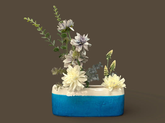 Japanese Vintage Ikebana Vase, Blue White Crackle Glaze Ceramic Planter, Oblong Centerpiece, Coastal Decor, Hand Thrown Japanese Pottery