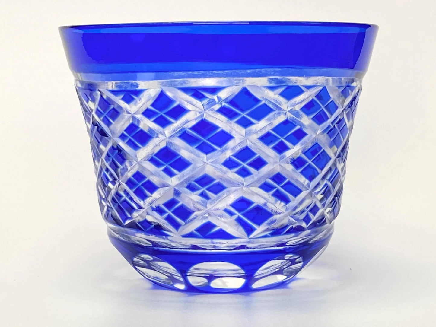 Japanese Vintage Kiriko Cup, Edo Old Fashioned Whisky Glass, Hand Cut Crystal Drinking, Takehisa Yumeji Style Blue Rock Glass
