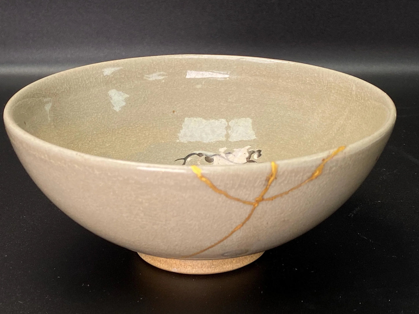 KINTSUGI Japanese Big Chawan signed, 24k gold kintsugi nature urushi lacquer Bowl, Matcha Ceremony Pottery, Vintage Artisan Craft
