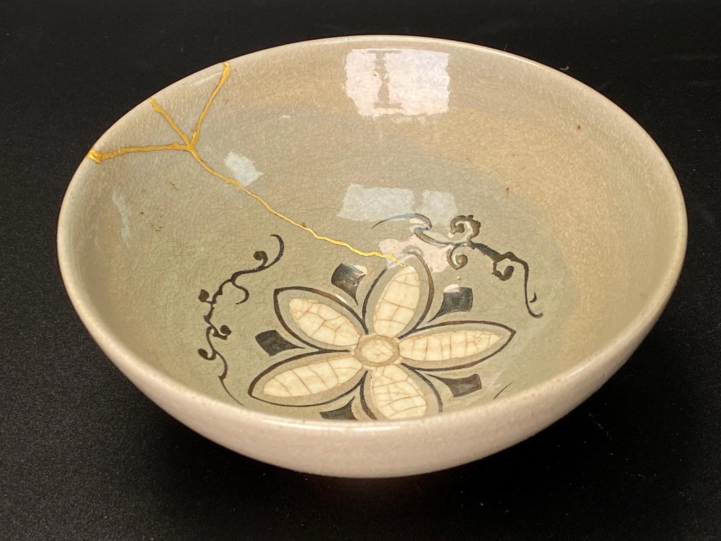 KINTSUGI Japanese Big Chawan signed, 24k gold kintsugi nature urushi lacquer Bowl, Matcha Ceremony Pottery, Vintage Artisan Craft