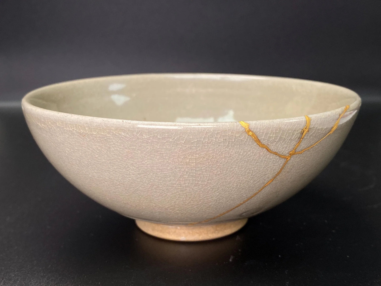 KINTSUGI Japanese Big Chawan signed, 24k gold kintsugi nature urushi lacquer Bowl, Matcha Ceremony Pottery, Vintage Artisan Craft