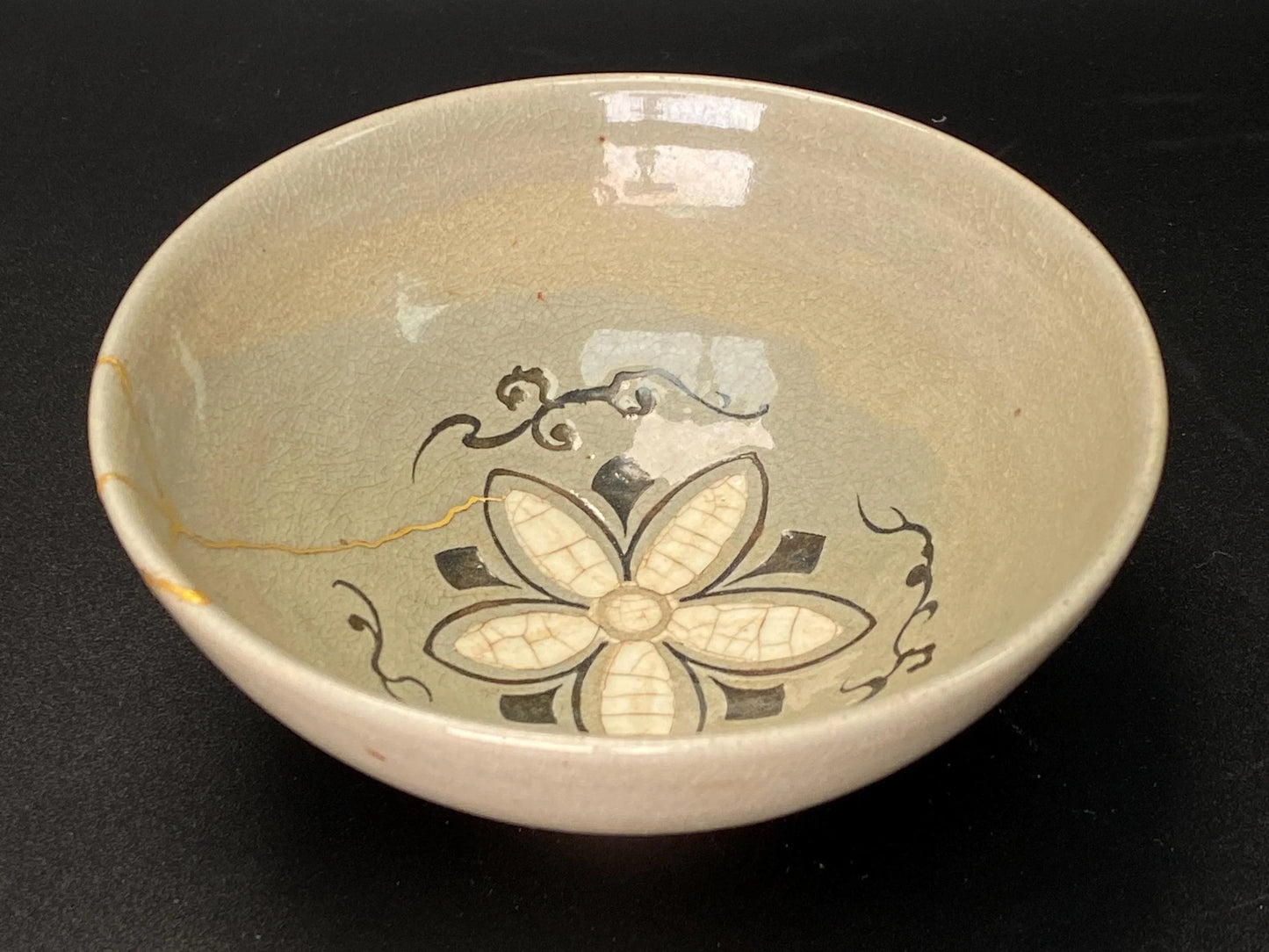 KINTSUGI Japanese Big Chawan signed, 24k gold kintsugi nature urushi lacquer Bowl, Matcha Ceremony Pottery, Vintage Artisan Craft