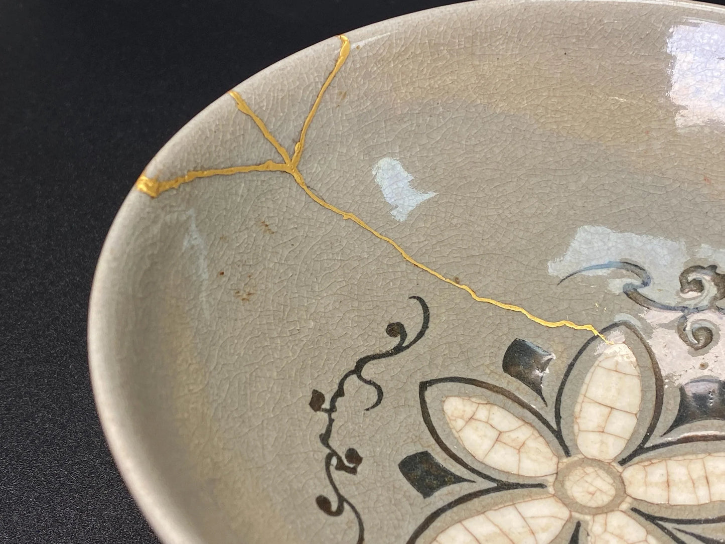 KINTSUGI Japanese Big Chawan signed, 24k gold kintsugi nature urushi lacquer Bowl, Matcha Ceremony Pottery, Vintage Artisan Craft