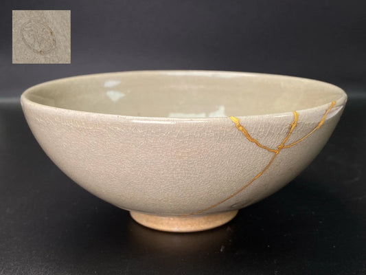 KINTSUGI Japanese Big Chawan signed, 24k gold kintsugi nature urushi lacquer Bowl, Matcha Ceremony Pottery, Vintage Artisan Craft
