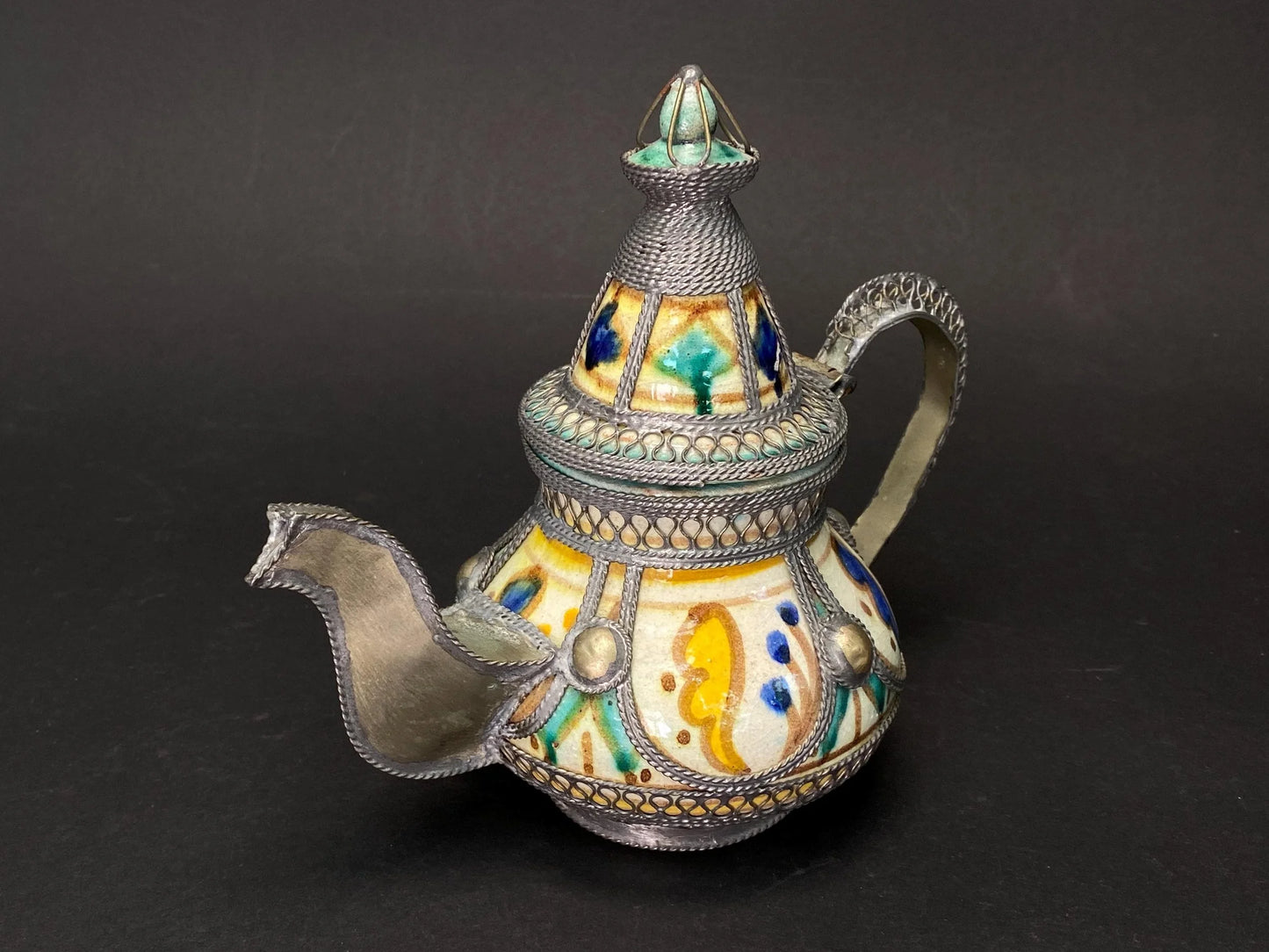 Moroccan Filigree Decorative Moorish Tea Pot Ceramic & Silver Tone Kettle,  Moorish Kettle, Bohemian Home Decor,  Boho Centerpiece