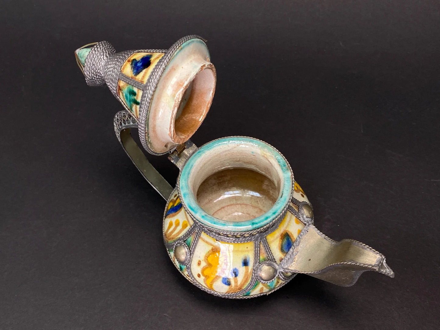 Moroccan Filigree Decorative Moorish Tea Pot Ceramic & Silver Tone Kettle,  Moorish Kettle, Bohemian Home Decor,  Boho Centerpiece