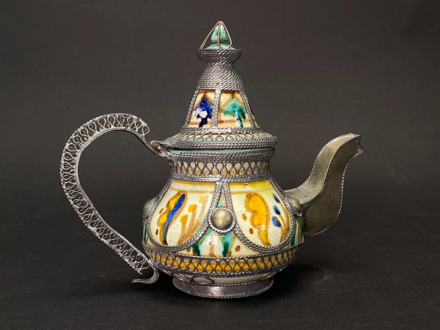 Moroccan Filigree Decorative Moorish Tea Pot Ceramic & Silver Tone Kettle,  Moorish Kettle, Bohemian Home Decor,  Boho Centerpiece