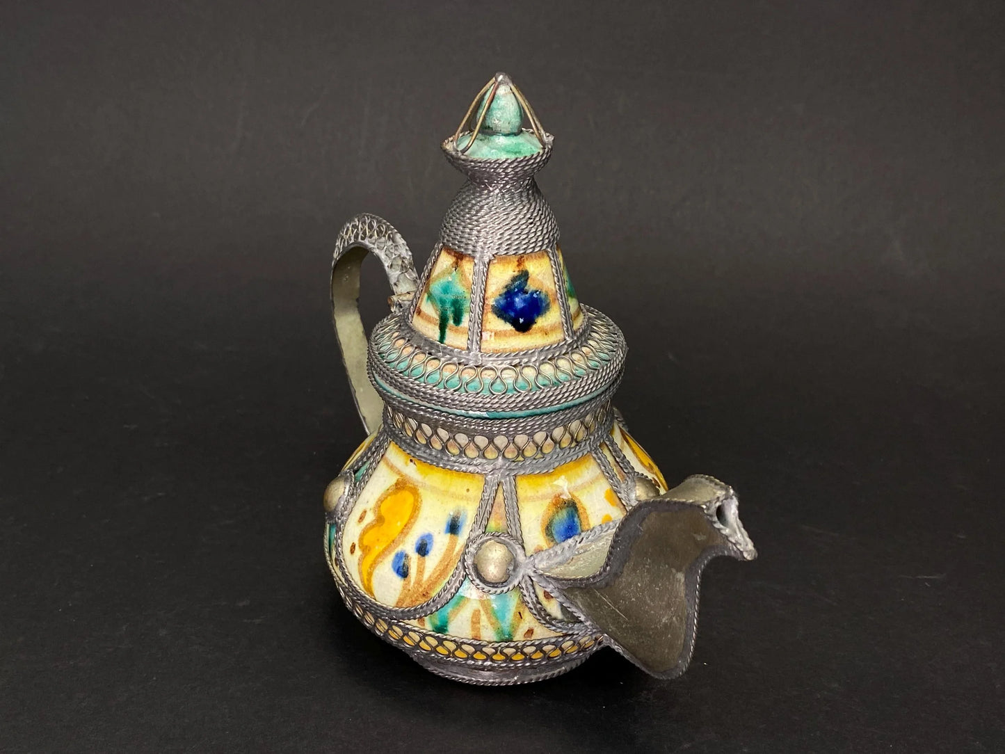 Moroccan Filigree Decorative Moorish Tea Pot Ceramic & Silver Tone Kettle,  Moorish Kettle, Bohemian Home Decor,  Boho Centerpiece