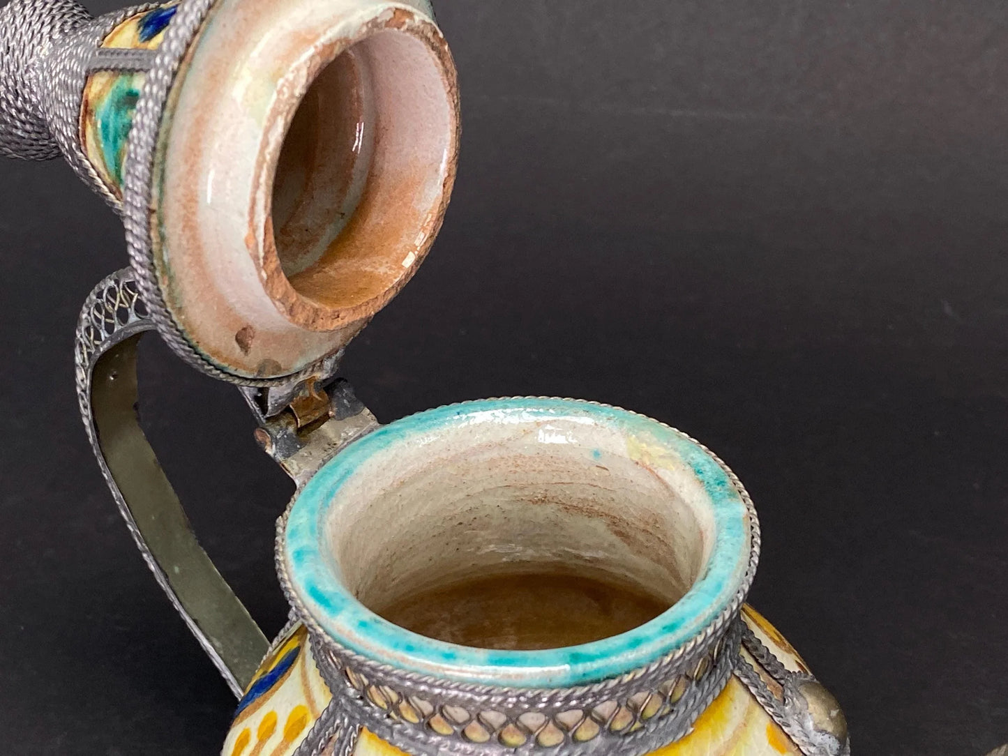 Moroccan Filigree Decorative Moorish Tea Pot Ceramic & Silver Tone Kettle,  Moorish Kettle, Bohemian Home Decor,  Boho Centerpiece