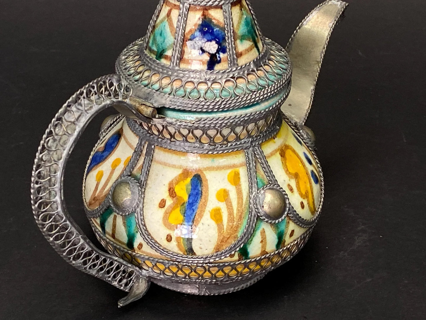 Moroccan Filigree Decorative Moorish Tea Pot Ceramic & Silver Tone Kettle,  Moorish Kettle, Bohemian Home Decor,  Boho Centerpiece