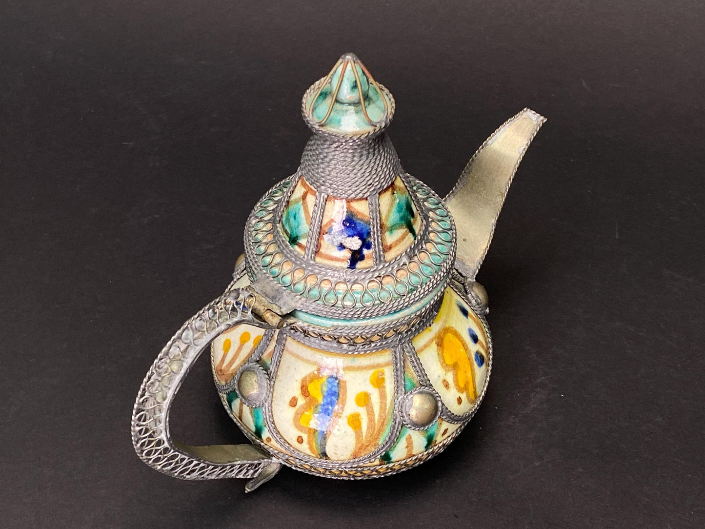 Moroccan Filigree Decorative Moorish Tea Pot Ceramic & Silver Tone Kettle,  Moorish Kettle, Bohemian Home Decor,  Boho Centerpiece