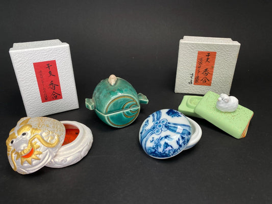 Vintage Japanese Kogo Box, Rare Japanese Tea Ceremony Incense Container, Handcrafted Ceramic Kogo Lot, Eto Zodiac Sign Dragon Sheep Rat