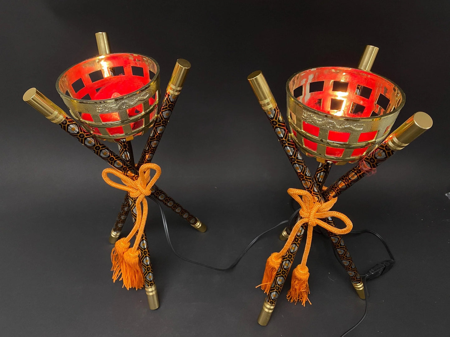Japanese Kagaribi Toro Bonfire Lantern Pair, Hina Doll Electric Lamps Set Lighting Pair, Original box, Festival Display