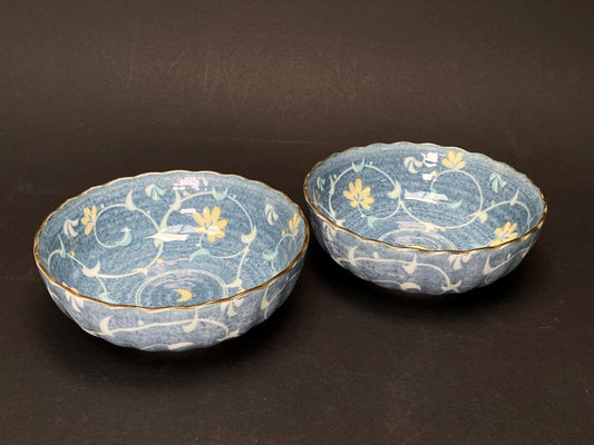 Vintage Japanese Aito Porcelain Bowls, Set of 2 Mino Ware Floral Blue Trinket Dishes, Scalloped Edge Ceramic Serving Set, Gift for Her