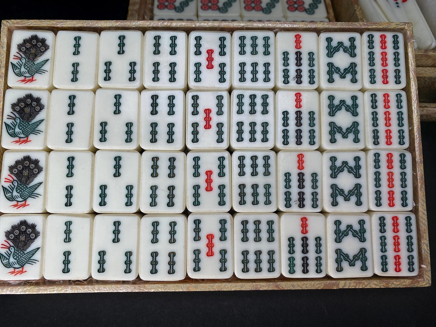 Vintage Japan Mah Jong Bamboo Back Tile Set with Yellow Swirl pattern Case, Showa Retro Japanese dealing game, mahjong tile set