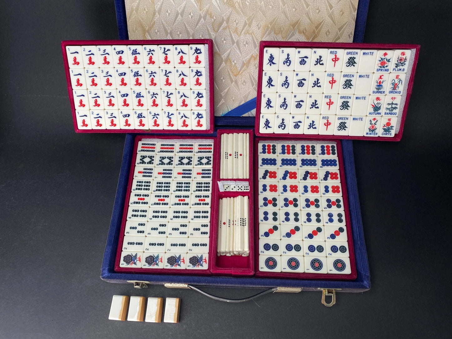 Mah Jong & Bamboo Back Japanese Mahjong Set, RARE English Numbers Letters, Showa Era Mah Jong 148 Tiles, Portable Blue velvet case
