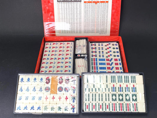 Antique Mah Jong Bamboo Back Tile Full Set: UNUSED 3 colors Japanese mahjong tile dealing game set, portable Case, Showa Retro Mahjong