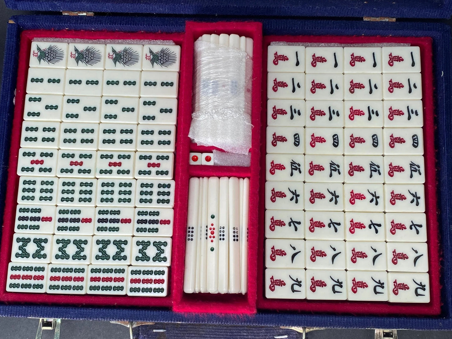 Vintage Japanese Bamboo Mahjong Set Blue Velvet Case