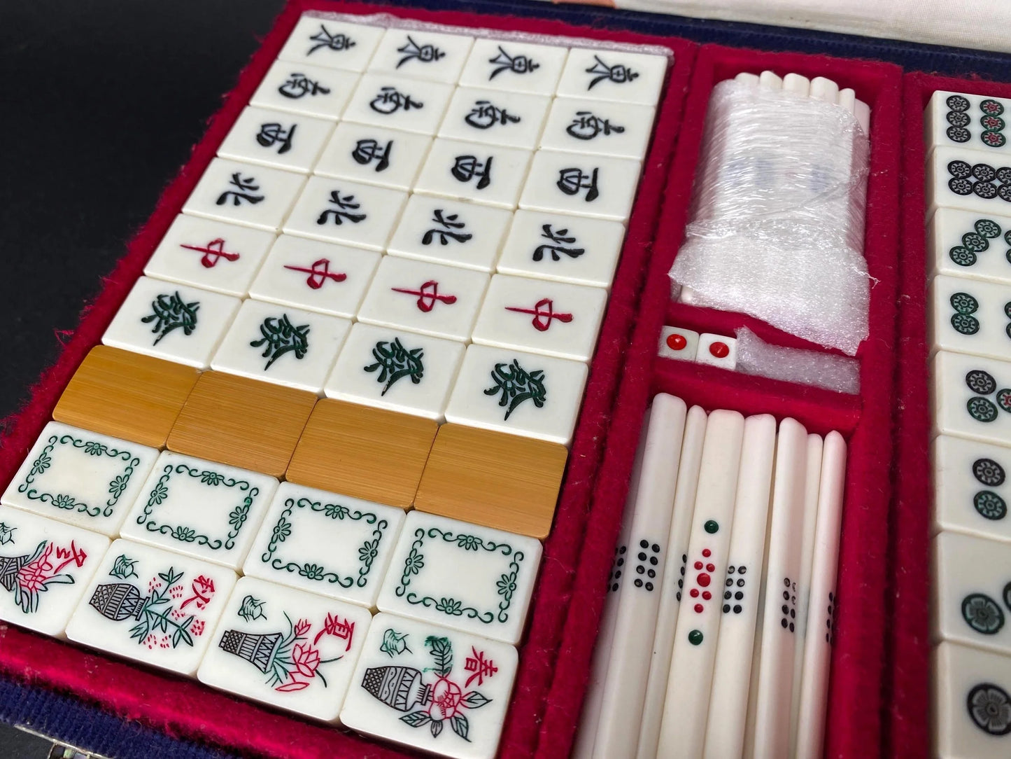 Vintage Japanese Bamboo Mahjong Set Blue Velvet Case