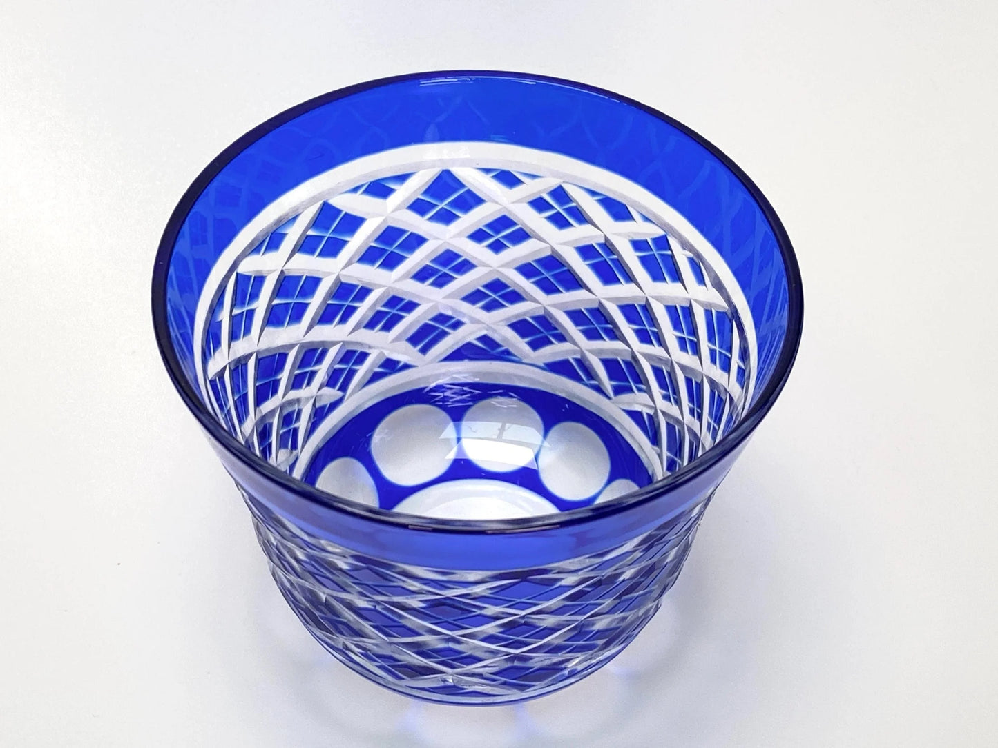 Japanese Vintage Kiriko Cup, Edo Old Fashioned Whisky Glass, Hand Cut Crystal Drinking, Takehisa Yumeji Style Blue Rock Glass