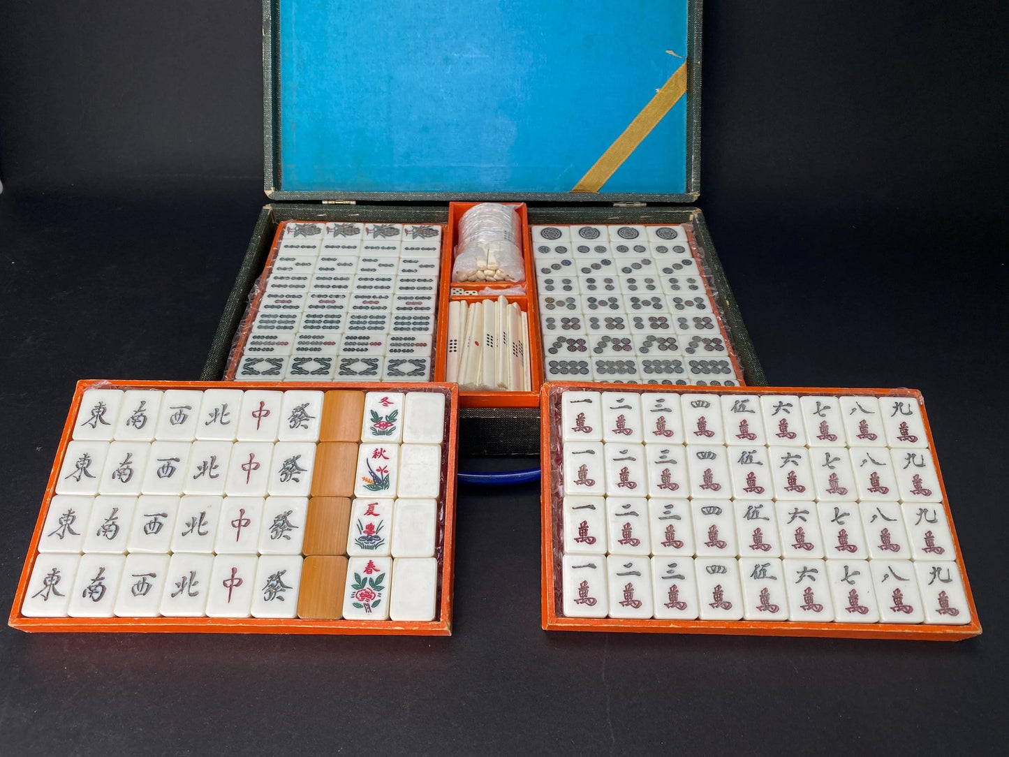 Vintage Japanese Mahjong Set Bamboo Back Tiles