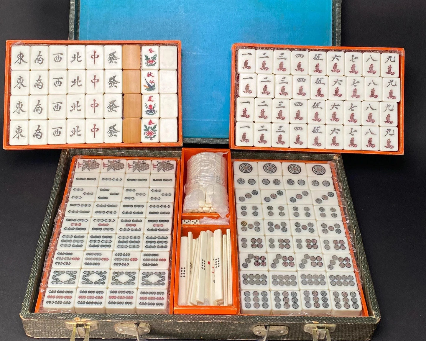 Vintage Japanese Mahjong Set Bamboo Back Tiles