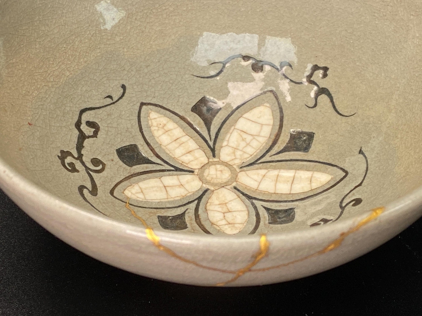 KINTSUGI Japanese Big Chawan signed, 24k gold kintsugi nature urushi lacquer Bowl, Matcha Ceremony Pottery, Vintage Artisan Craft