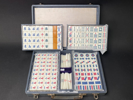 Vintage Japan Mah Jong Bamboo Back Tile Set with Plaid pattern Case, Showa Retro Japanese dealing game, mahjong tile set