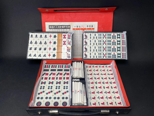 Japanese Mahjong & Bamboo Back Tiles Riichi Set, Showa Retro 2 Red Fives Aka Dora Mah Jongg, Heavy 5.6lbs
