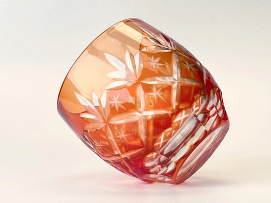 Japanese Kiriko Glass Sake Cup, Vintage Edo Cut Glass, Orange Handmade Barware, Collectible Gift