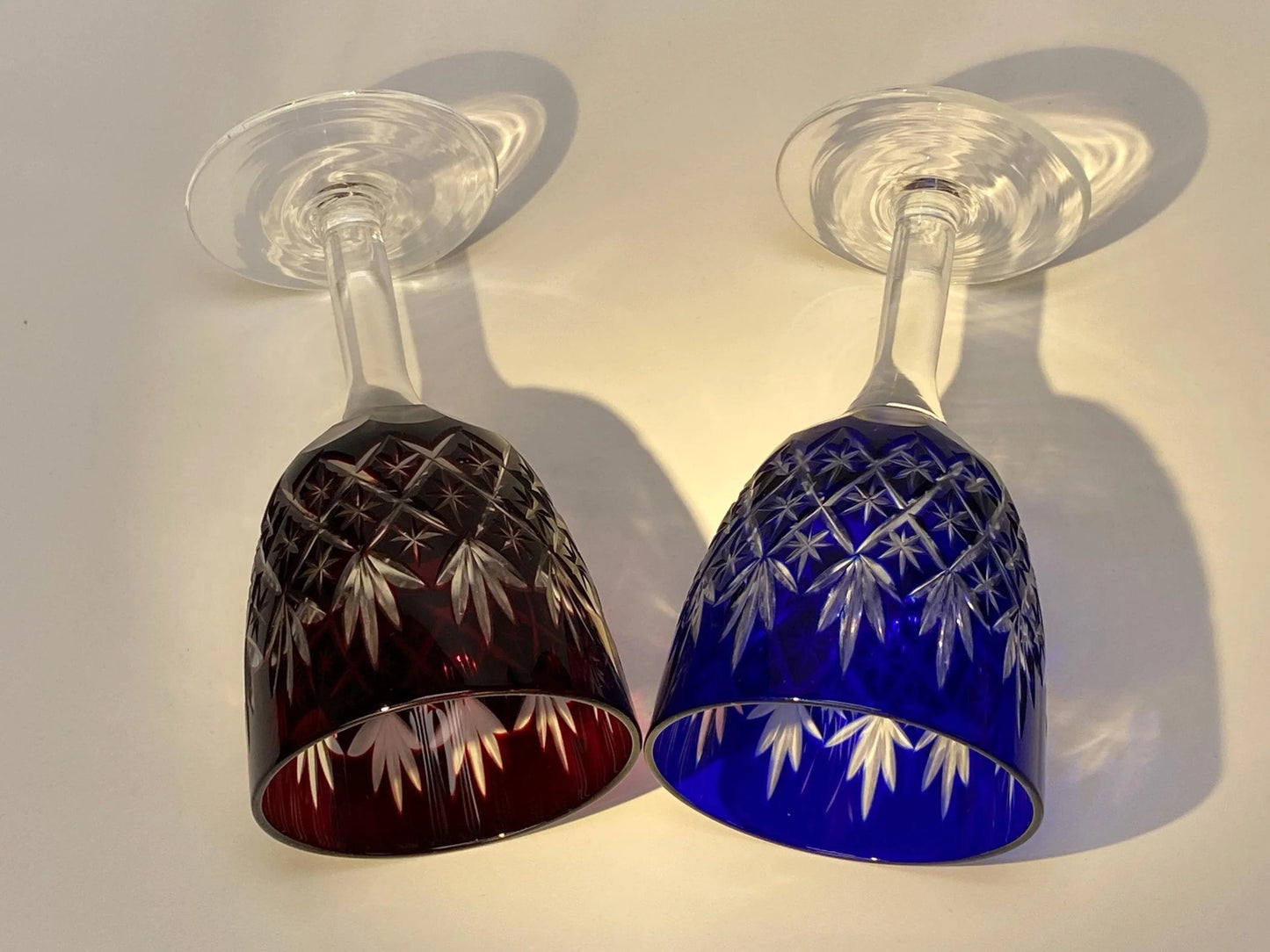Japanese Kiriko Cut Glass Goblets, Vintage Red & Blue Crystal Wine Glasses Pair, Hand Cut Barware