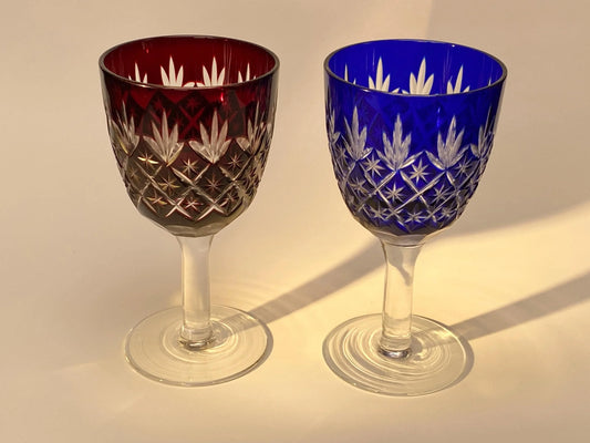 Edo Kiriko Red Blue Crystal Goblets Pair