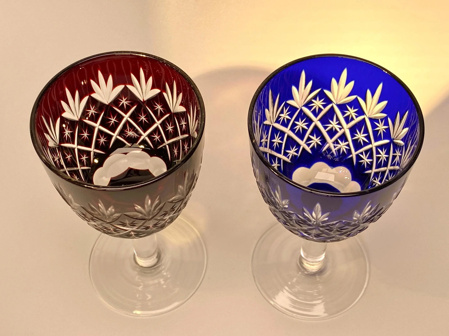 Japanese Kiriko Cut Glass Goblets, Vintage Red & Blue Crystal Wine Glasses Pair, Hand Cut Barware