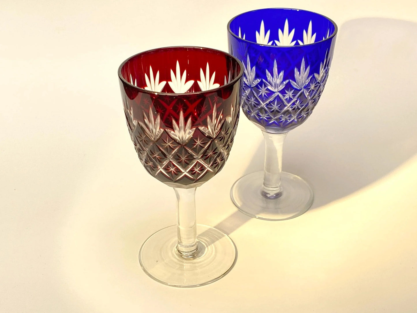 Japanese Kiriko Cut Glass Goblets, Vintage Red & Blue Crystal Wine Glasses Pair, Hand Cut Barware